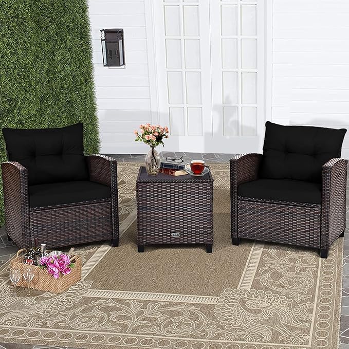 COSTWAY 3PCS Patio Furniture Set, PE Rattan Wicker Sofa w/Washable Cushion and