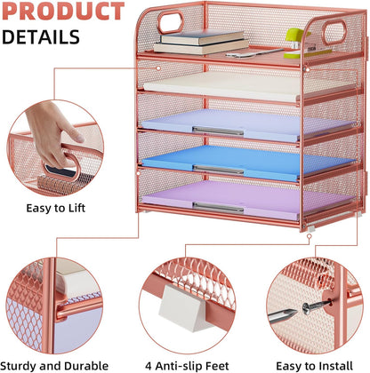 Marbrasse 5 Tier Paper Organizer Letter Tray, Mesh Desk File Organizer with Handle, Paper Sorter Desk Organizer for Home Office Supplies - Rose Gold