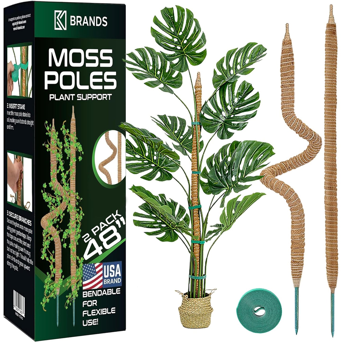 2 Pack 48'' Bendable Moss Pole Monstera Plant Support for Climbing Indoor Plants - Stakes for Potted Climbers - Tall Sticks Indoor Trellis for Houseplants - Accessories for Monstera Pot