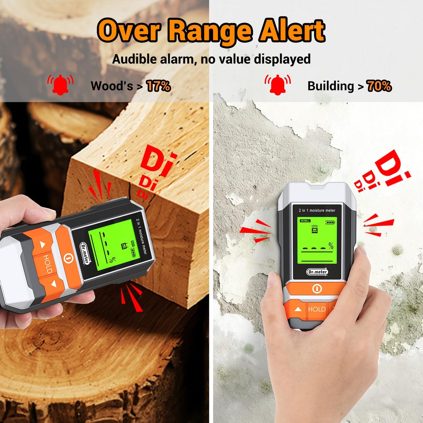 Wood Moisture Meter, 2 in 1 Pin & Pinless Moisture Tester, Digital Humidity Sensor Detector for Wood Firewood Drywall Floor Woodworking, Water Leak Detector for Building Home