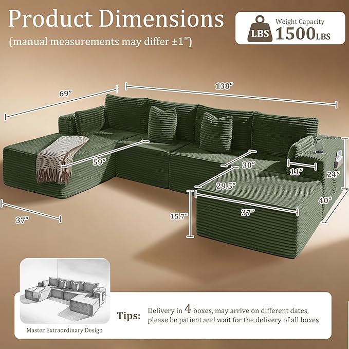 138" Cloud Sectional Couch, Comfort U Shaped Boneless Couch