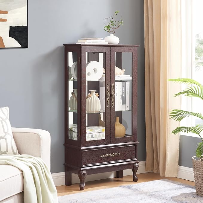 Curio Cabinet with Lighted, Tall Leg Glass Door Antique Cabinet with 1 Drawer