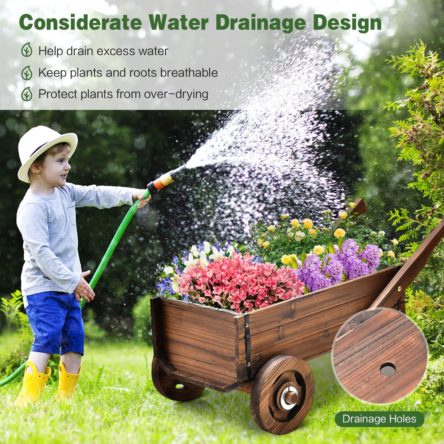 Giantex Wooden Wagon Planter Box, Decorative Wagon Cart with Wheels, Handles, Drainage Hole, Flower Planter Pot Stand, Rustic Flowerpot Planter, Indoor & Outdoor Garden Patio Balcony