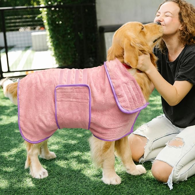 Soft Dog Bathrobe Fast Drying Dog Coat, Super Absorbent Dog Towels for After Bath, Microfiber Pet Robe Adjustable Collar & Belly Warm Keeping Dogs Coat for Pet Dogs & Cats (Pink, Medium)
