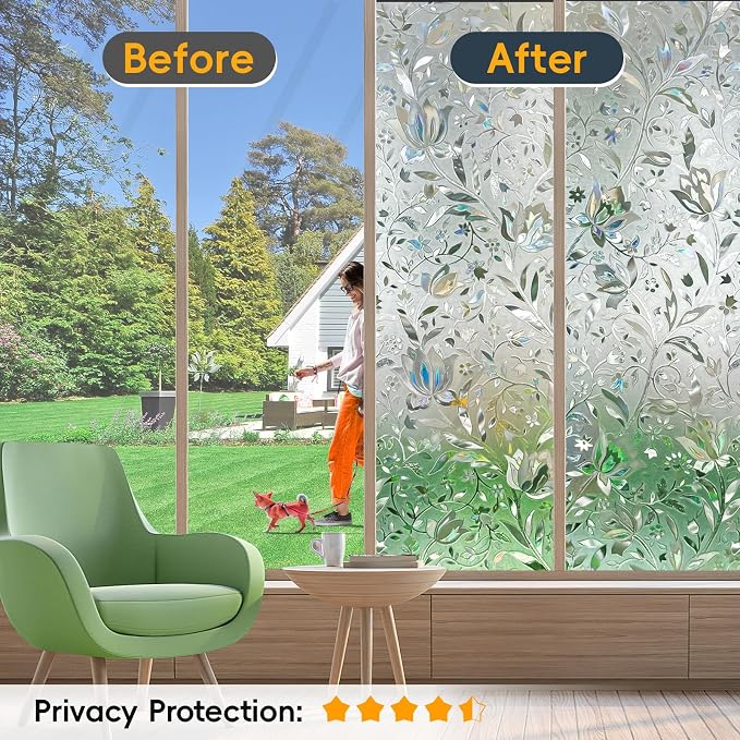 Rainbow Window Privacy Film Decorative, Stained Glass Tint for Home, 3D Decals Clings for Glass, Static Cling Sticker, Suncatcher Cover,45.2" by 157.4"
