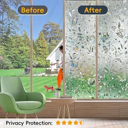 Rainbow Window Privacy Film Decorative, Stained Glass Tint for Home, 3D Decals Clings for Glass, Static Cling Sticker, Suncatcher Cover,45.2" by 157.4"