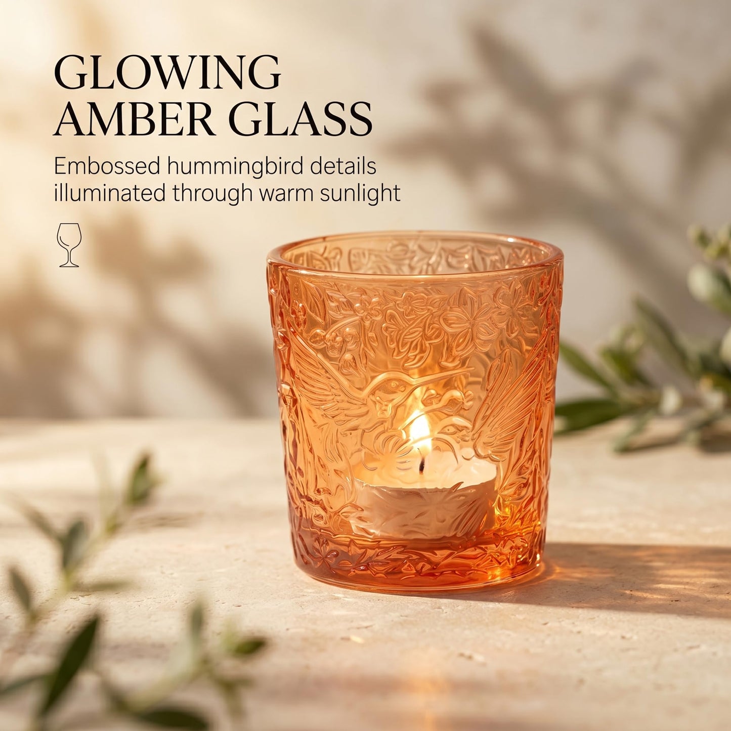 6 Pack Hummingbird Embossed Glass Candle Holders Votive Tealight Holders with Patent Design, Decorative Glass Cups for Wedding Centerpieces, Parties, and Home Decor (Pumpkin Spice)