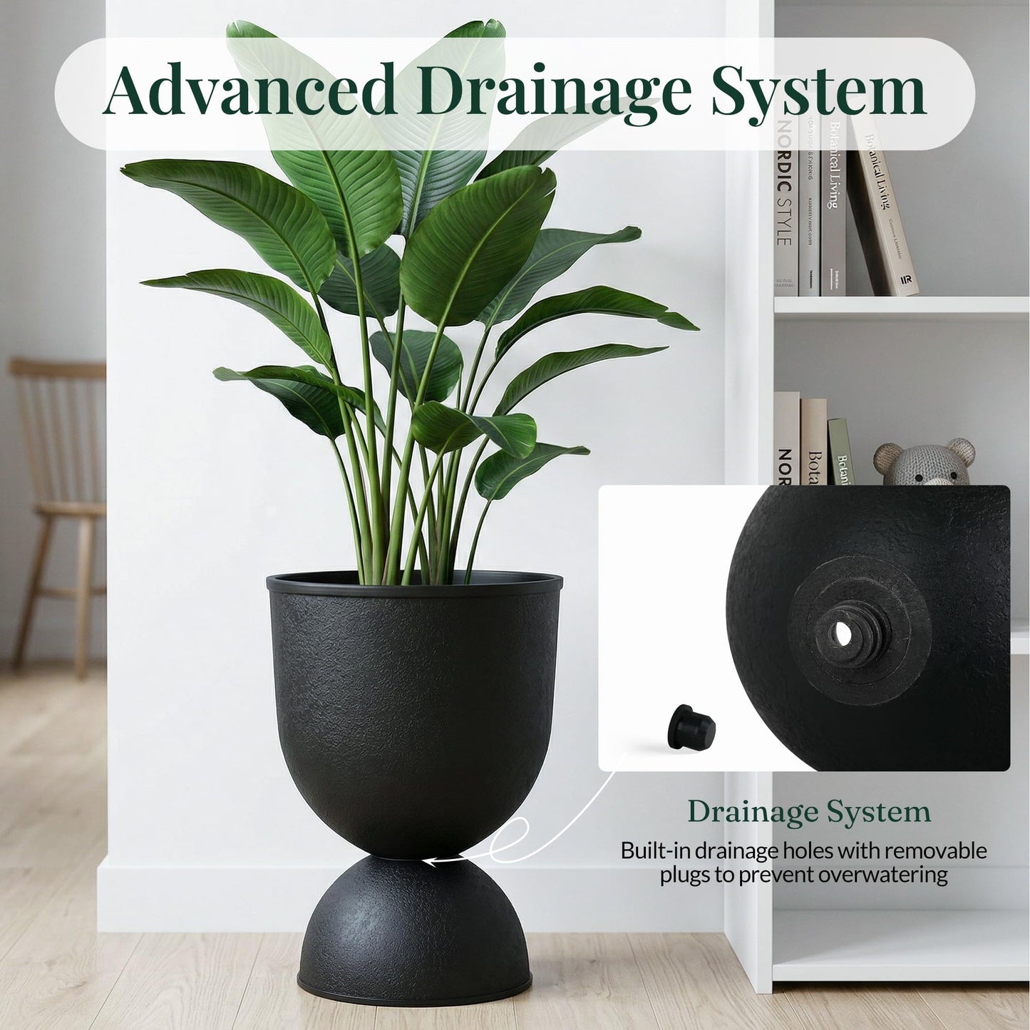 KOL Planters Flower Pots, Plastic Urn Planters for Indoor Outdoor Plants, Black Pedestal Planter Pots 2 Pack, 15 Inch Tall Decorative Planters with Drainage Holes & Plugs for Front Porch Patio Garden