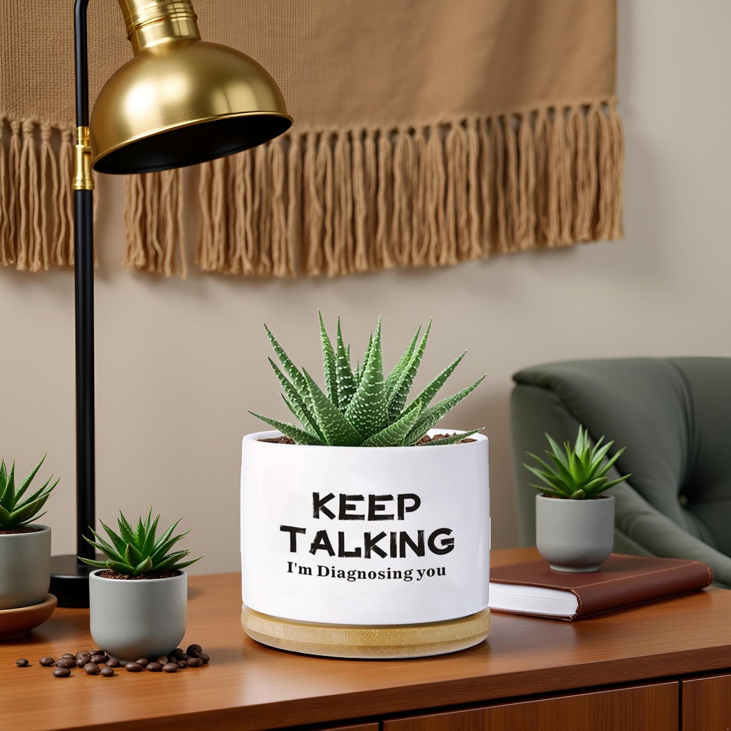 Psychology Decor Gifts,Keep Talking I'm Diagnosing You Funny Succulent Planter with Bamboo Tray - 3.5 Inch Funny Desk Decor, Psychologist Therapist Gift (White)(No Plants)