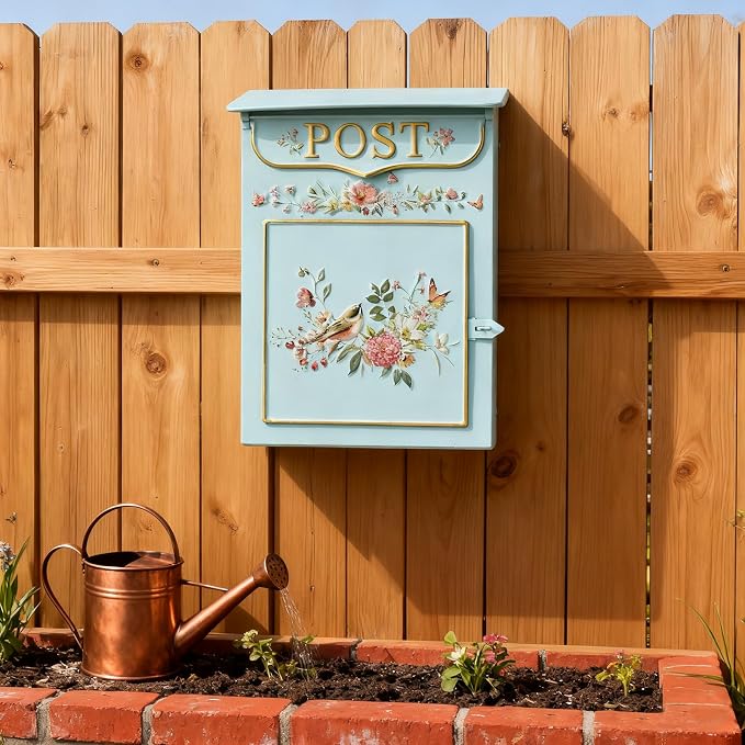 Mailbox Wall Mount Mailboxes for Outside Vintage Mail Boxes for House Outside Metal Drop Box Antique Style Nostalgic Charm Home Decorative, Flower Pattern Blue