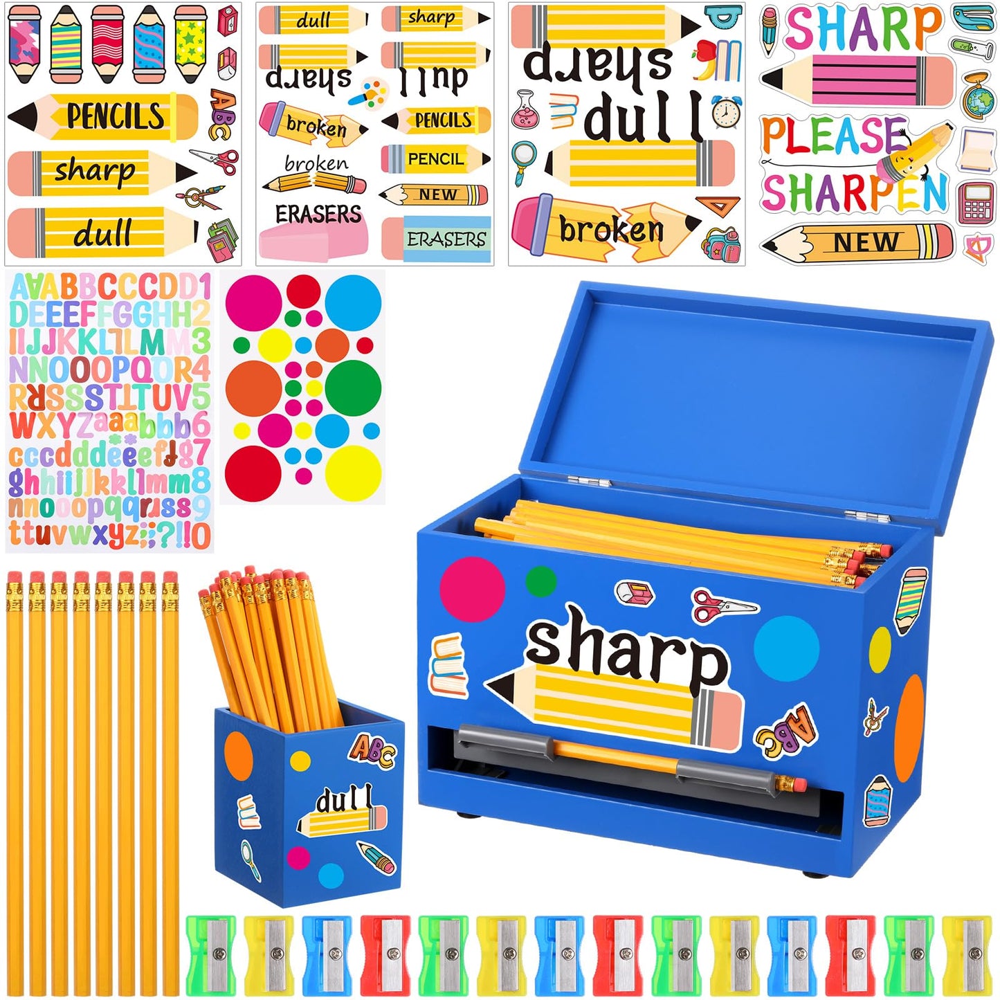 Watersay 108 Pcs Pencil Dispenser Kit for Classroom Wooden Sharp and Dull Pencil Holder 50 Pencils 50 Sharpener 6 Sticker Classroom Teacher Must Have Straw Dispenser for Back to School(Royal Blue)