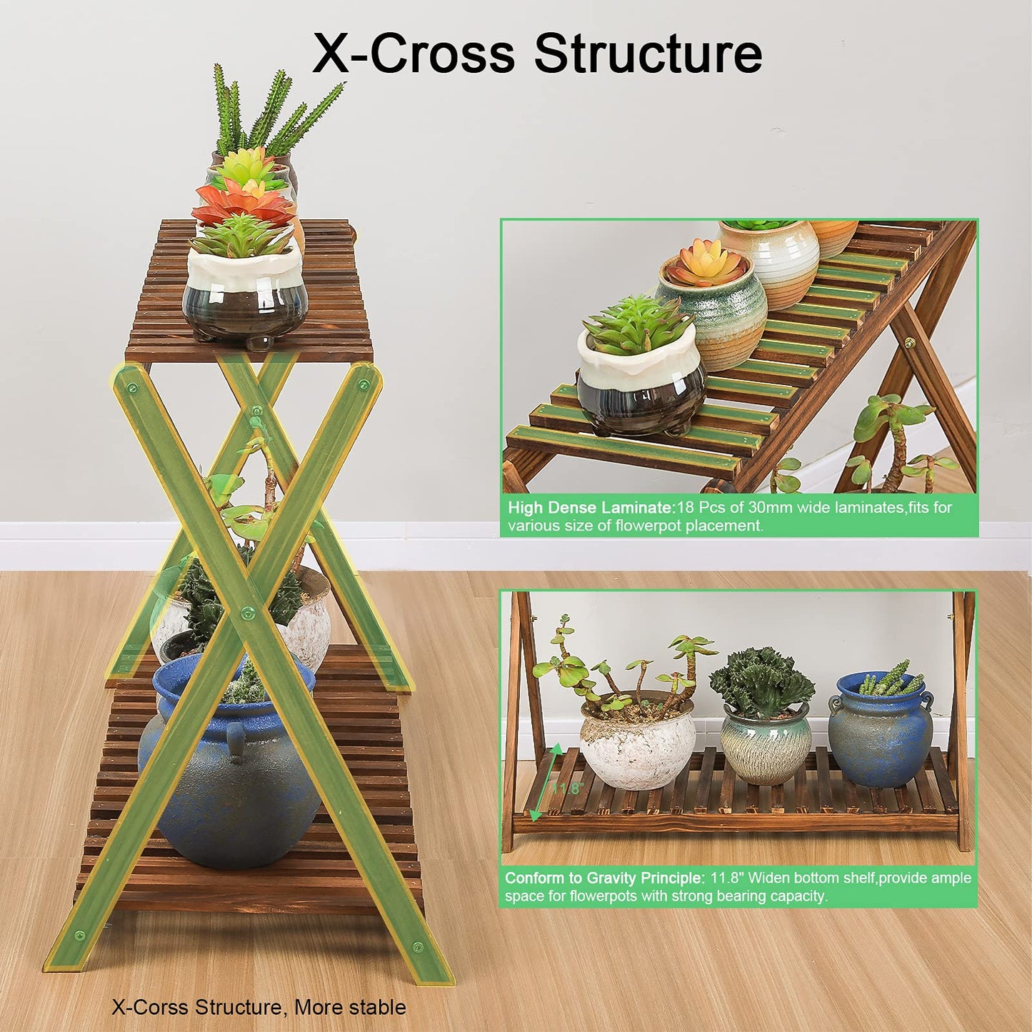 Jotboom Wooden Plant Stand Indoor 2 Tier Narrow Plant Stand Outdoor Plant Shelf Display Rack Corner Flower Rack Stand for Living Room Garden Patio Balcony (X-Cross Design)