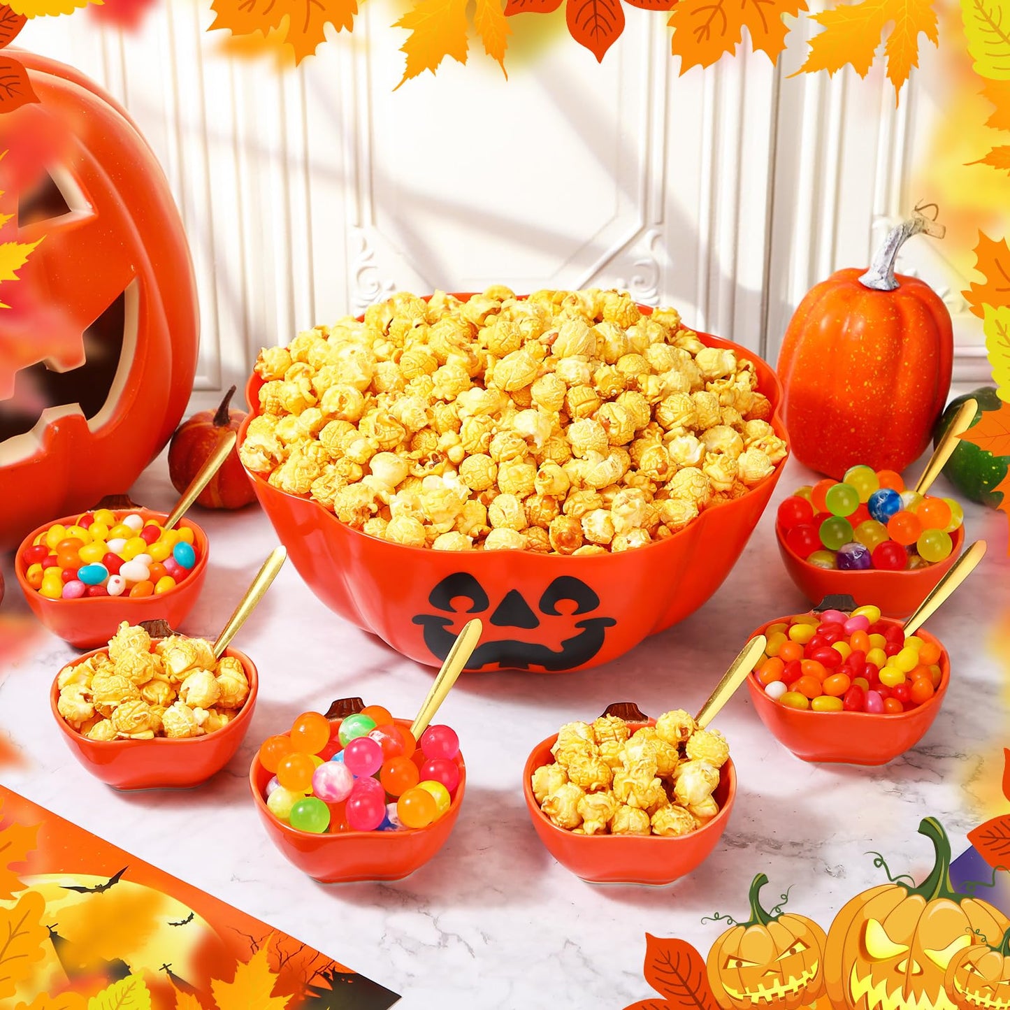 FoldTier 13 Pcs Halloween Candy Bowls Include 6 Ceramic Pumpkins Ramekins 1 Plastic Trick or Treat Bowls 6 Dessert Spoons Pumpkins Dishes Popcorn Serving Bowl for Halloween Party Supplies Popcorn Bar