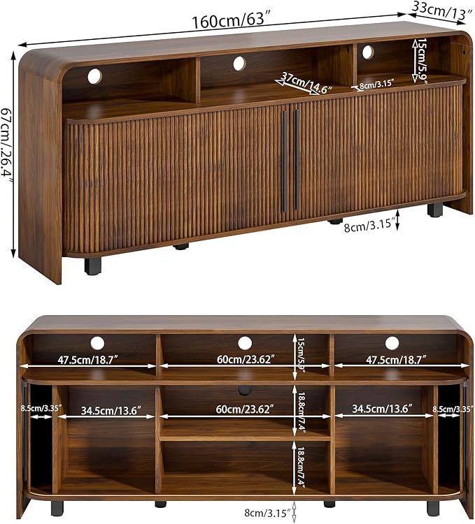 Walnut TV Stand for 65 70 75 Inch TV, Fluted Mid Century Modern TV Console