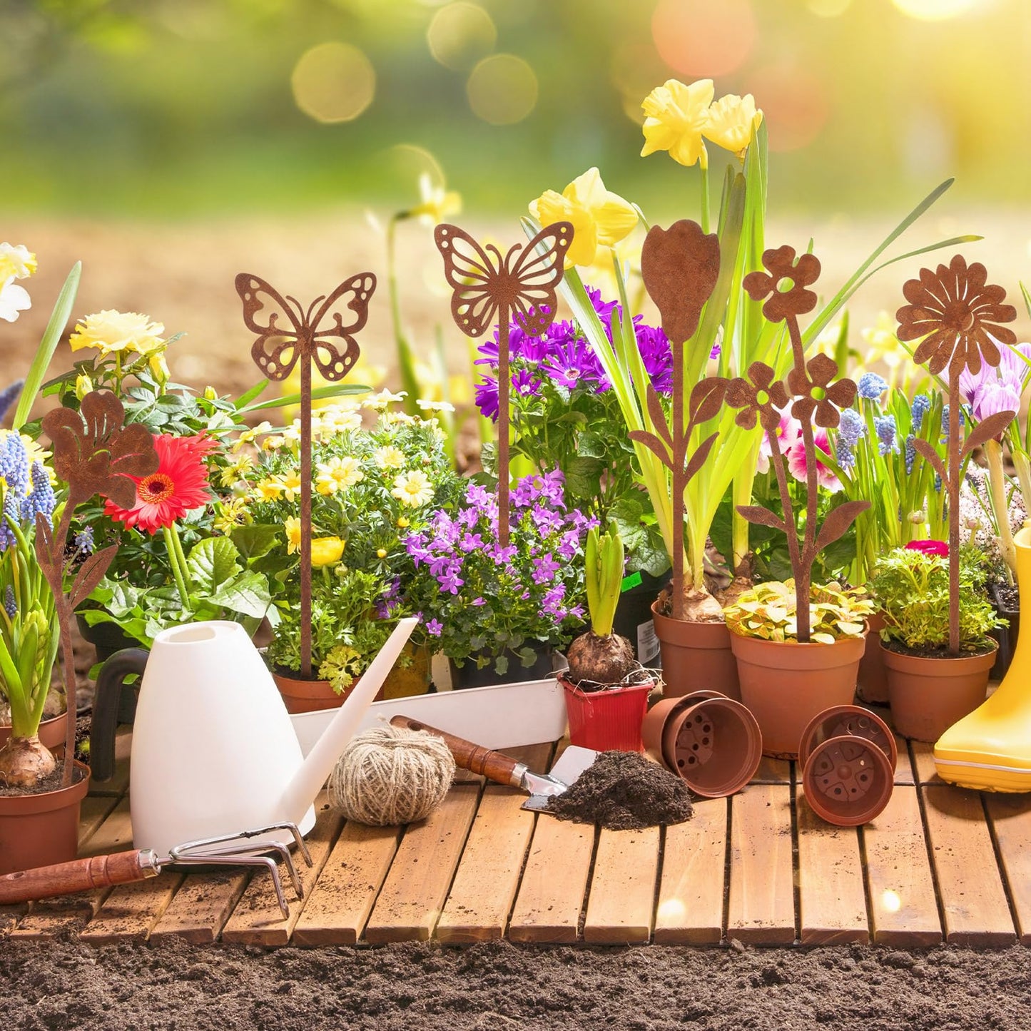 Otoolling 10 Pcs Rusty Metal Flowers and Plants, Rusty Rustic Metal Flowers Signs for Outside Yard Art Gift for Yard Decorative Garden Stakes Potted Plants Walkway and Garden