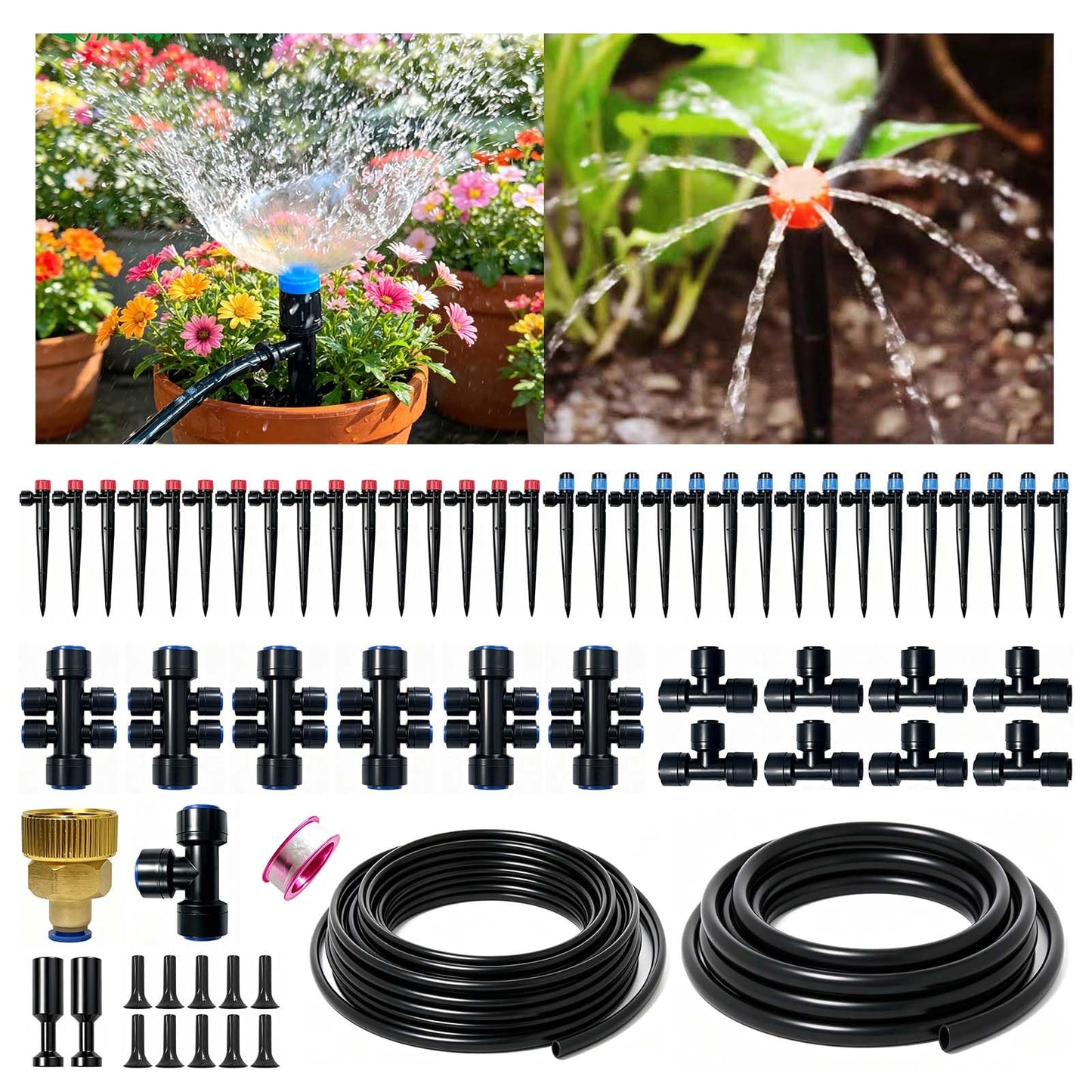 Drip Irrigation System, 2026-Upgrade 33FT+197FT 1/4" Garden Watering Kit with Adjustable Red & Blue Emitters, 3/4" Brass Connector, DIY Kit for Garden, Greenhouse, Potted Plants & Raised Beds