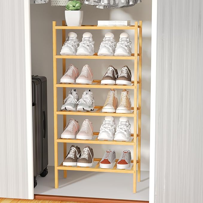 ROMGUAR CRAFT 6-Tier Bamboo Small Shoe Rack, Free Standing Wood Shoe Shelf