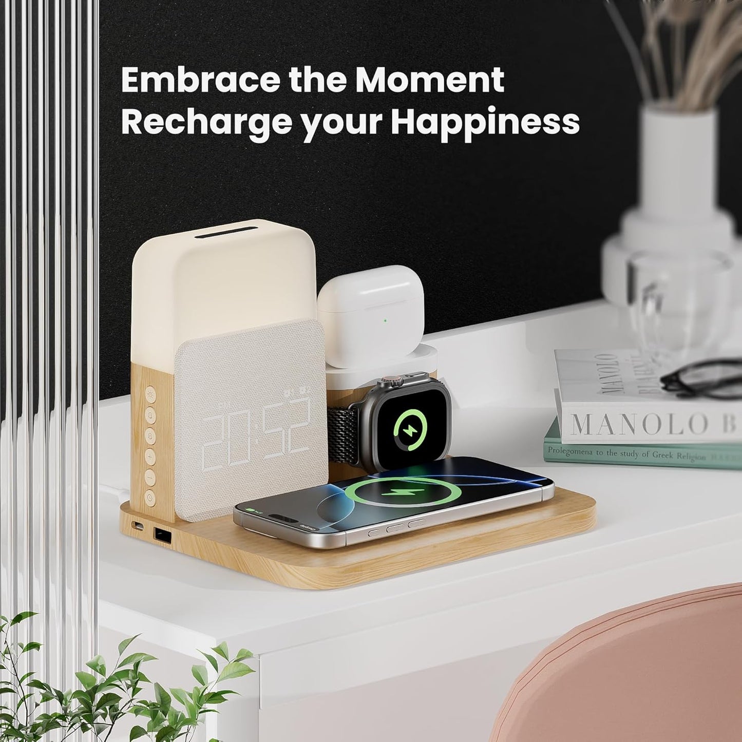 Alarm Clock Charging Station for Bedrooms, 7 in 1 Wireless Charging Station, Magnetic Charger with Night Light Bedside Clock for iPhone 16 15 14 13 12 Pro Max, Apple Watch, AirPods
