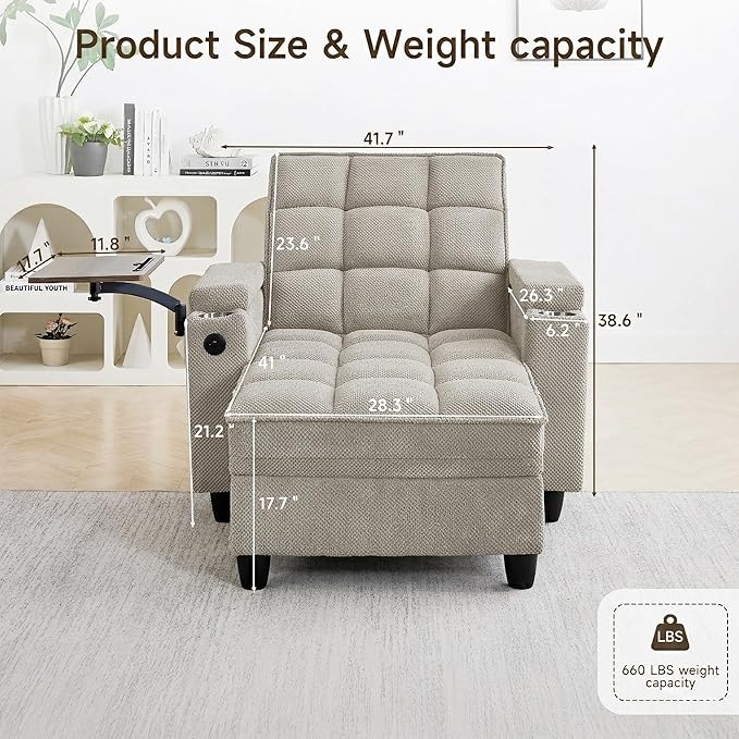 Oversized Recliner Chair with Swivel Tray Table, Modern Tufted Linen Fabric