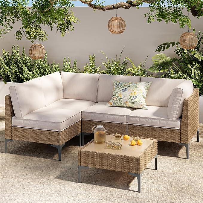5-Piece Patio Furniture Set, Outdoor Wicker Sectional Sofa