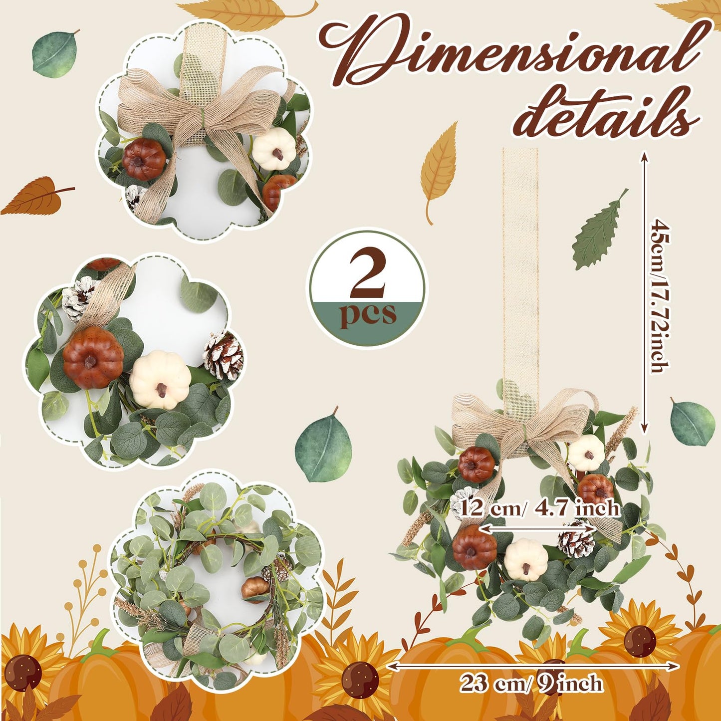 Syhood 2 Pcs 9" Mini Fall Wreath Small Pumpkin Cabinet Wreath Autumn Eucalyptus Decor with Rustic Bow for Fall Harvest Thanksgiving Porch Wall Window Decor(Eucalyptus Pumpkin Style)