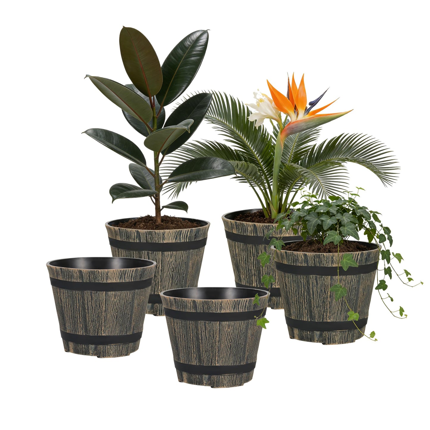 WEICHENGXING 5 Pack 7 Inch Plastic Plant Pots, Whiskey Barrel Planters, Flower Pots for Indoor Outdoor Home Herb Snake Plants, Durable Pots, Set of 5