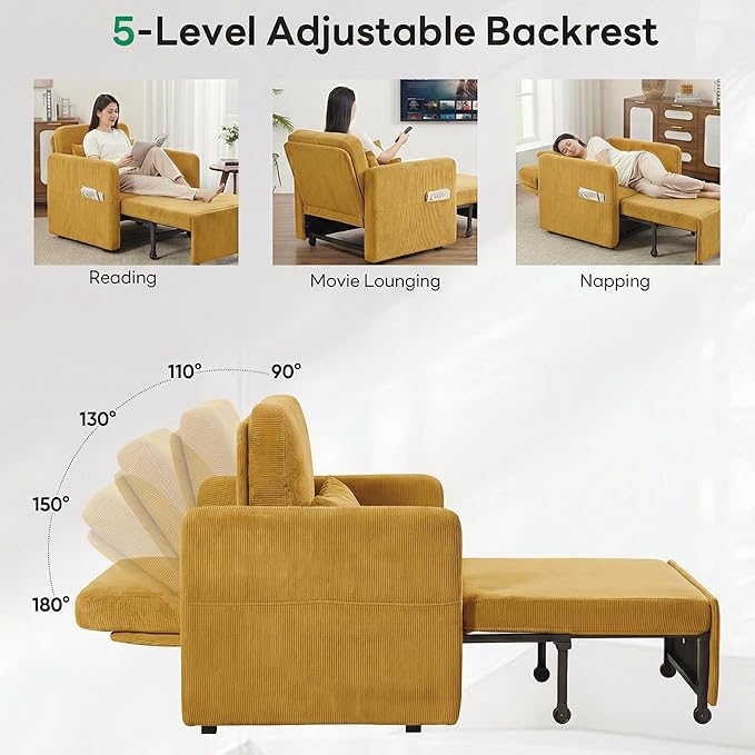 Iroomy 5-Level Adjustable Convertible Sleeper Chair, 3-in-1 Corduroy Pull Out