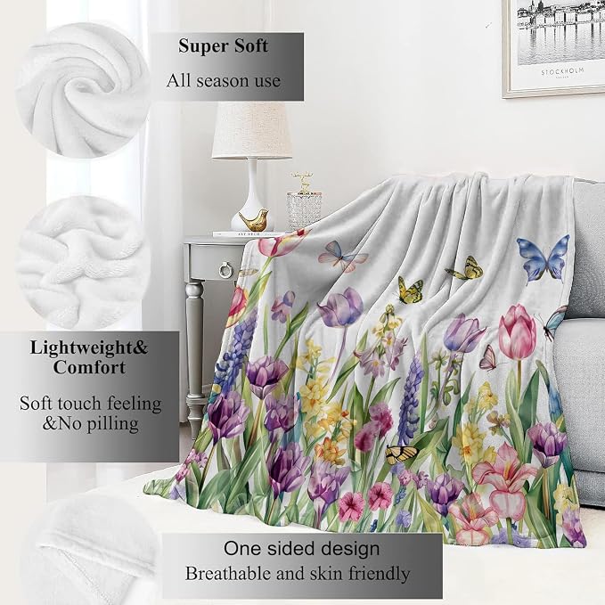 Spring Tulip Flower Blanket Cute Floral Throw Blankets with Colorful Butterfly,Birthday Gifts for Girls Women & Nature Lovers,Lightweight Soft Fleece,for Sofa Couch Bed Room Decor 50x60in