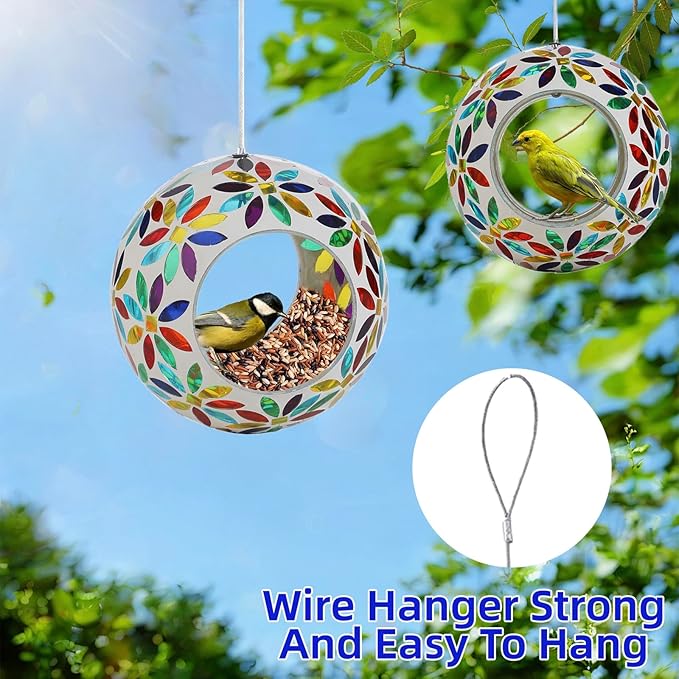 VOREEN Mosaic Glass Bird Feeder, Handcrafted Hanging Fly-Through Feeder for Outdoor Garden & Backyard, Decorative Wild Bird Feeder with Steel Wire Cable, Mosaic Colorful Flowers