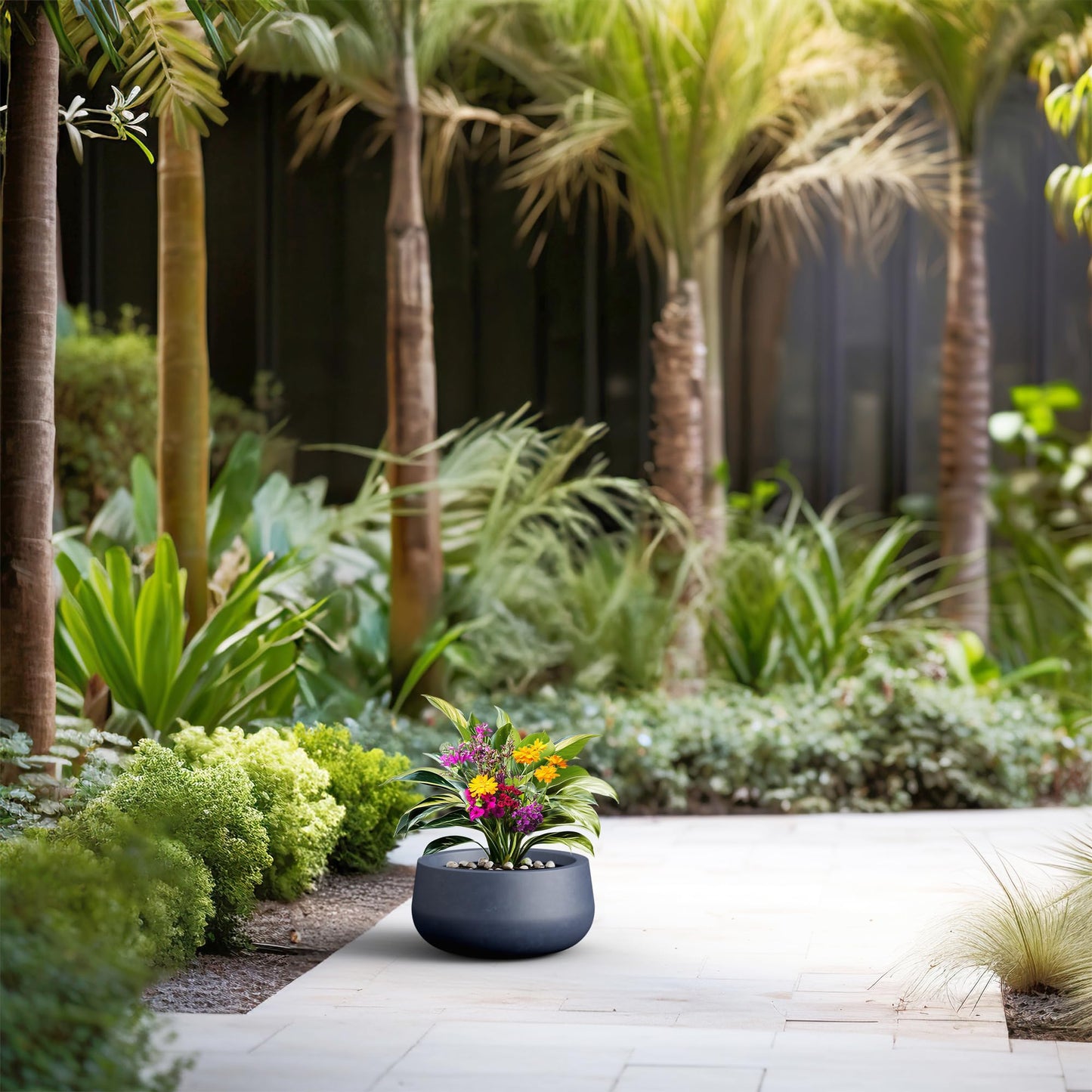 Kante 11.8" Dia Round Concrete Planter, Cement Plant Pots with Drainage Hole and Rubber Plug for Outdoor Indoor Garden Home, Modern Curvaceous Design, Dark Gray