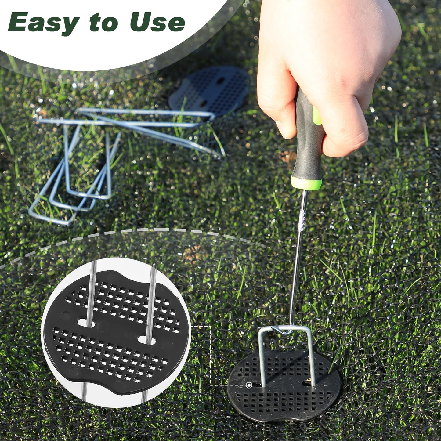 FEED GARDEN Landscape Staples 6 Inch 50 Pack Kit, Heavy Duty 11 Gauge Hot-Dip Galvanized Garden Stakes with 50 Gaskets & 1 Pick Hook for Weed Barrier, Landscape Fabric, Sod, Turf & Garden Edging