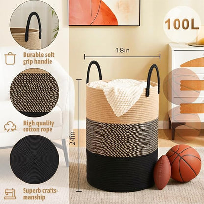 Artfeel Laundry Basket,Woven Cotton Rope Laundry Hamper,100L for Decorative Storage of Dirty Clothes,Toys and Blankets in Bathroom,Bedroom and Living Room