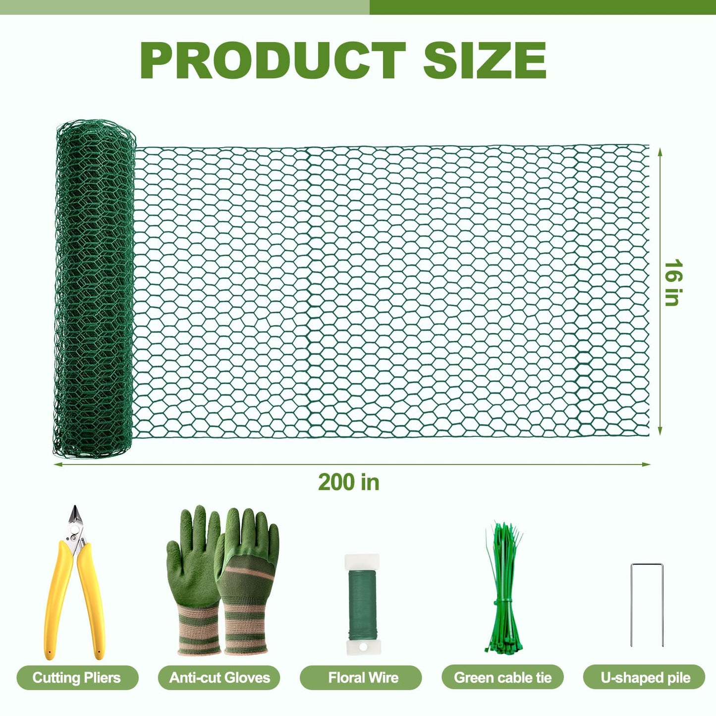 All-in-One 200 Inch Plant Protectors from Animals Kit - 0.85mm Heavy Duty Chicken Wire Cloche,Free-Cut Wire Mesh Roll Includes Pliers, Gloves, Ties, Stakes for Custom Outdoor Cages (16 * 200 Inch)