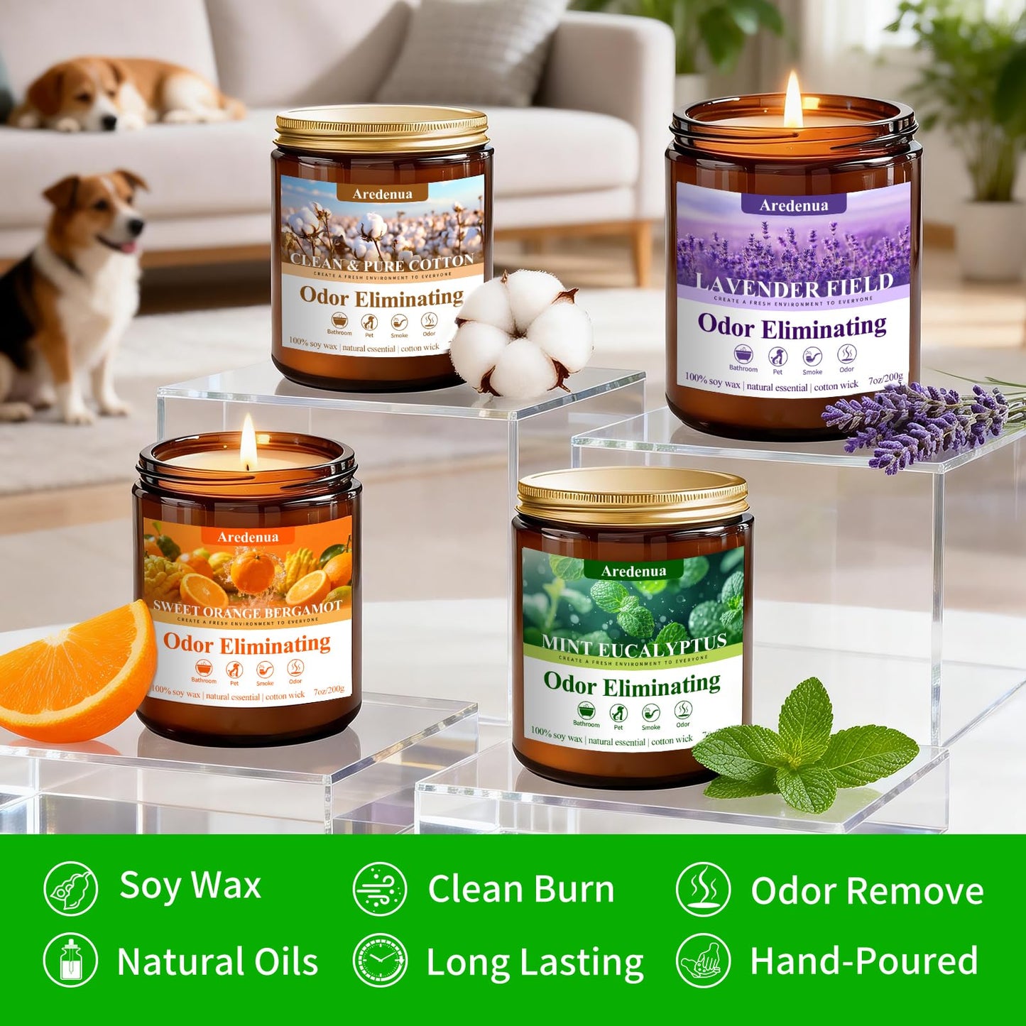 4 Pack Odor Eliminating Candles Set - Eliminates 95% of Pet, Smoke, Food & Other Smells - Hand Poured Non-Toxic Soy Candle, Air Freshing Scent of Lavender/Orange/Mint/Cotton - Gifts Set for Women