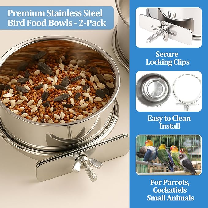 2 Pack Stainless Steel Bird Food Bowl Small Bird Feeding Dish Cups for Cage Parrot Food Bowl Cage with Clamp Holder for Parrots, Cockatiels, Small Animals (S+M)