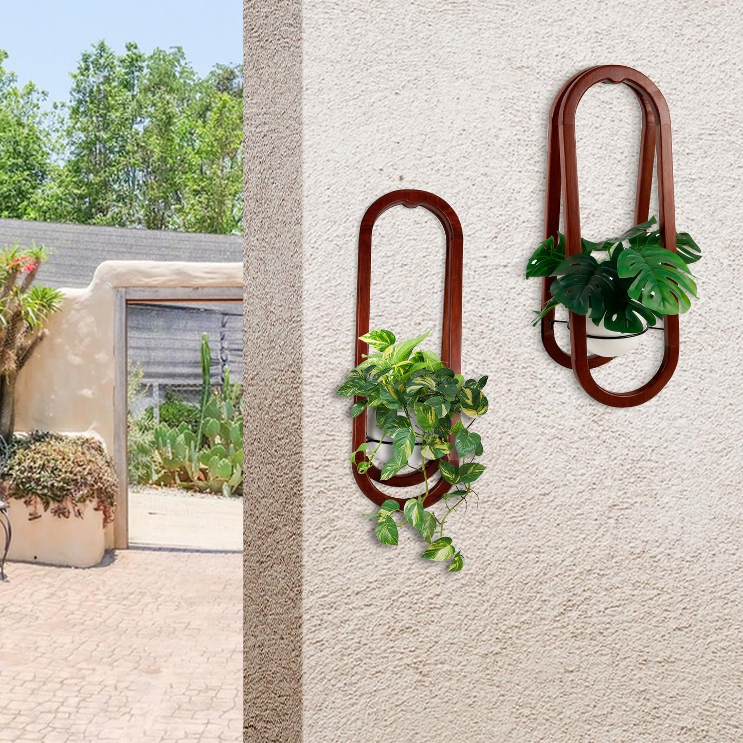 JOJOCY Wall-Mounted Modern Oval Wooden Vase 2PCS, Oval Hanging Plant Stand with Ceramic Pots for Indoor Living Room Bedroom Decor (Walnut Wood)