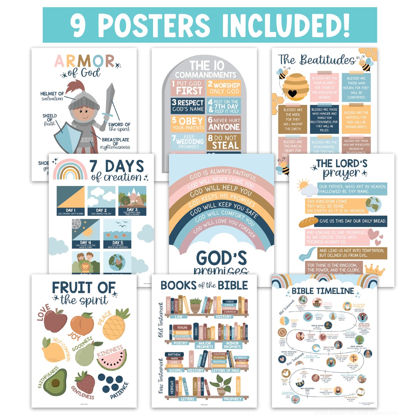 Hadley Designs Sunday School Decorations for Classroom –9 Bible Posters for Kids, Books of the Bible, 10 Commandments, Bible Timeline Chart, Fruits of the Spirit, Boho Christian Classroom Decor