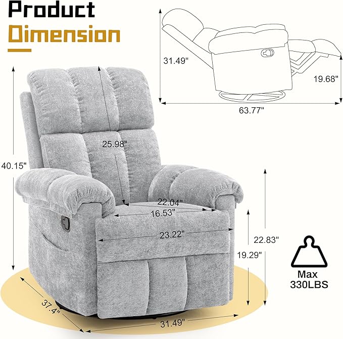 Korser Recliner Chair, Swivel Rocker Recliner Chair