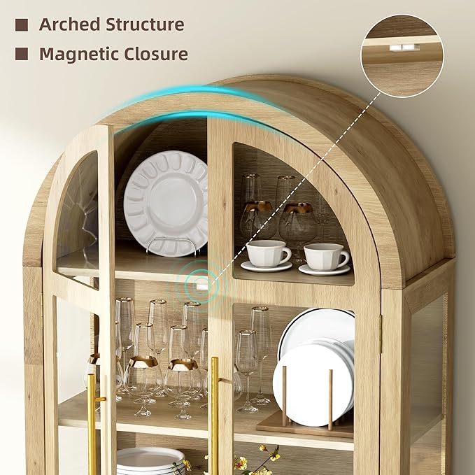 Arched Curio Cabinet with Glass Doors, 4-Tier Display Cabinet with 2 Drawers