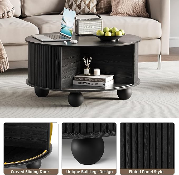 JOINICE Black Round Coffee Table