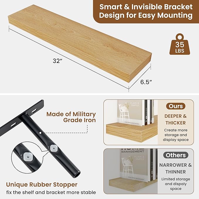 fuqing Floating Shelves for Wall, Wall Mounted Wood Floating Shelf