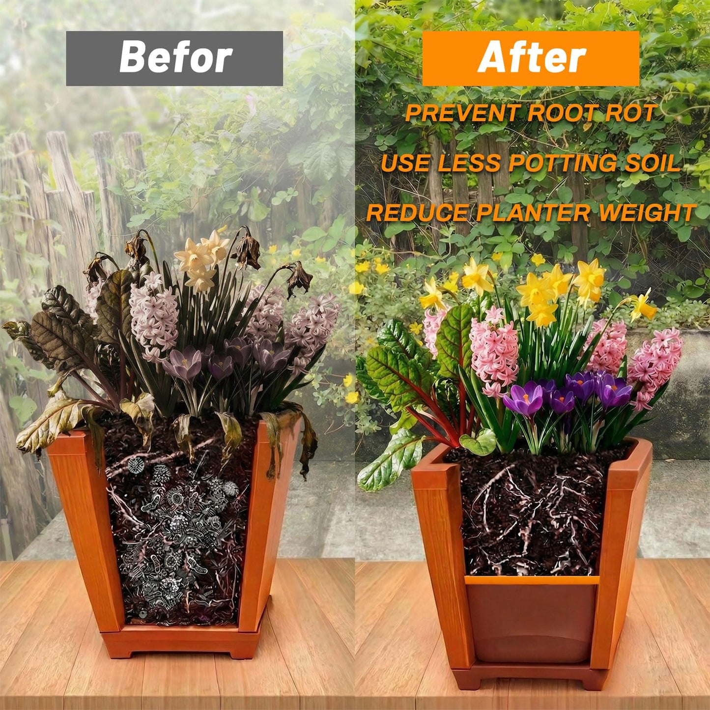 Conderyang 2Pcs 15" Square Planter Insert, Durable Plastic Plant Pot Insert with Drainage Holes, Soil Reducing Planter Lifter for Root Health & Indoor Outdoor Containers (Fits 19"-21" Pot)