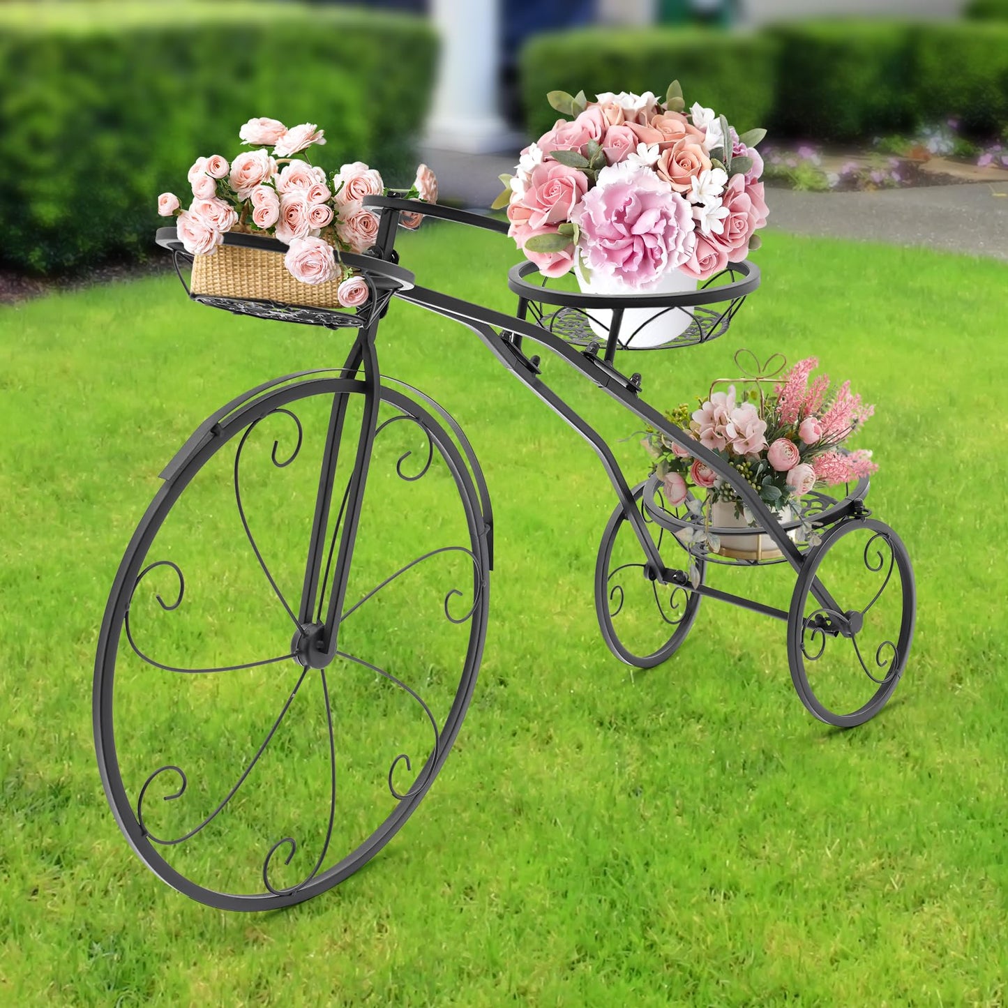 QQDETRR Bicycle Plant Stand, Large Metal Tricycle Planter for Indoor/Outdoor, 3-Tier Flower Holder for Garden, Home, Black