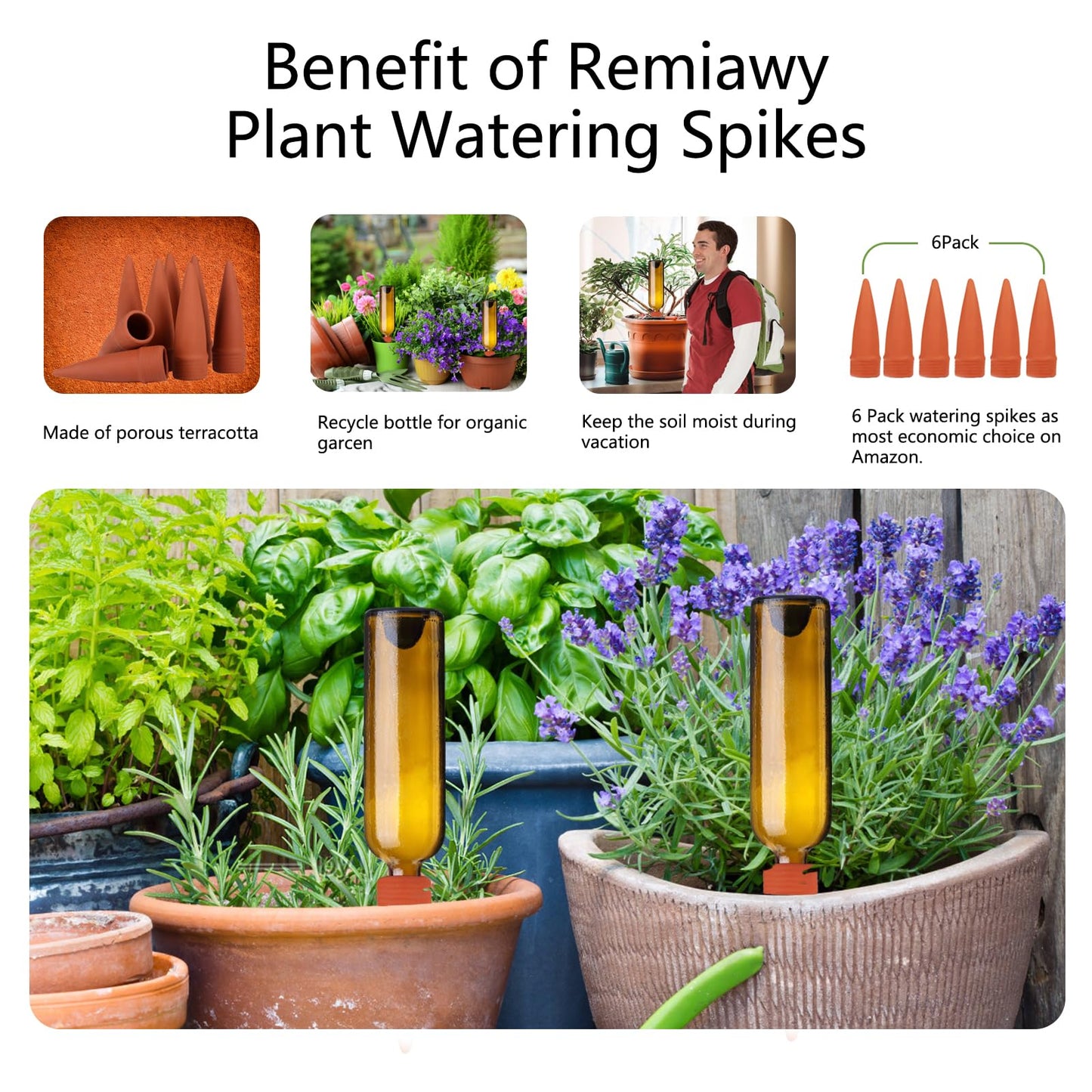 Plant Watering Devices, 8 Pack Terracotta Watering Spikes, Automatic Self Watering Spikes, Clay Wine Bottle Plant Watering Devices for Vacation, Self-Watering Stakes for Indoor Outdoor Plants