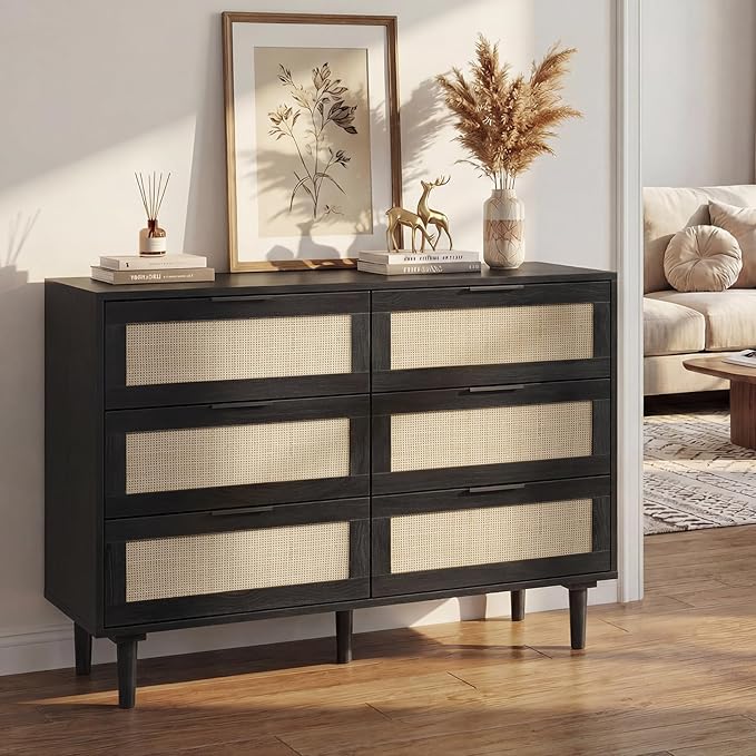 FUQARHY 6 Drawer Dresser Rattan Dresser Modern Chest