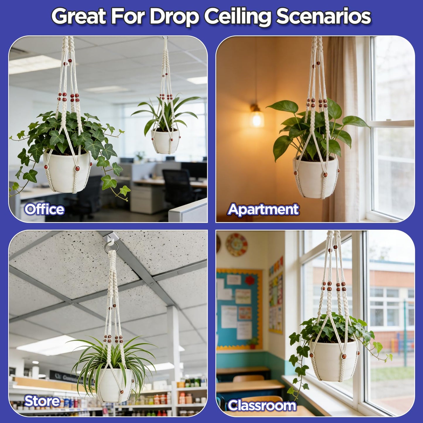 CollectHall 2 Pack Macrame Plant Hanger with Drop Ceiling Hooks, Hanging Planter with Wooden Bead, No Tassels for Indoor Outdoor Boho Office Classroom Decor, 35 Inches (Pots Not Included)