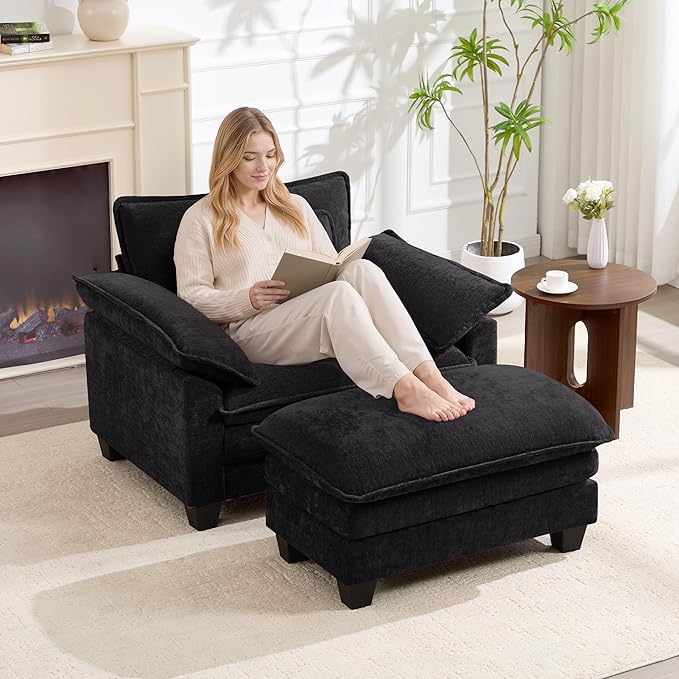 Oversized Accent Chair with Ottoman, Upholstered Armchair with Extra Thick