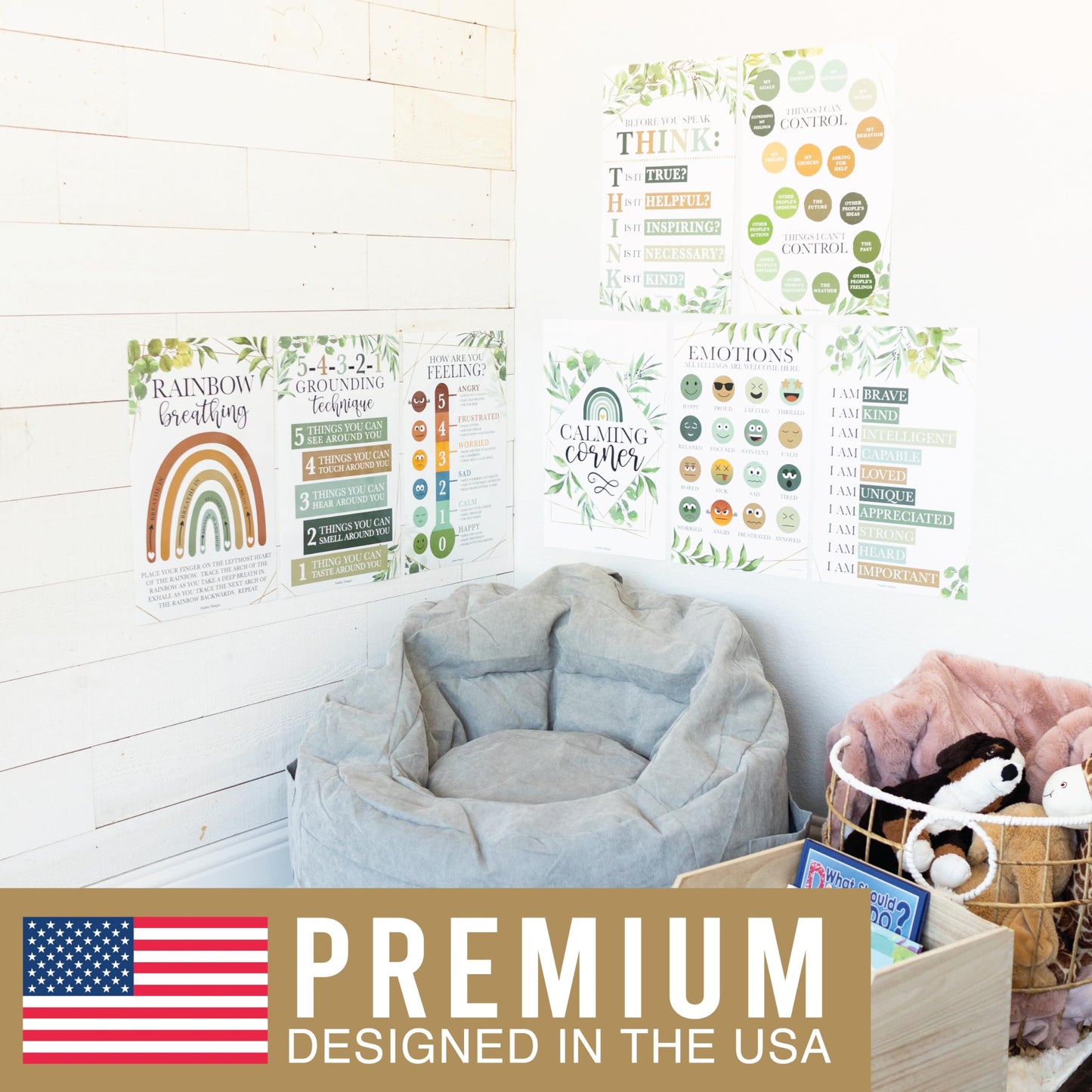 Hadley Designs 8 Calming Corner Posters for Classroom Must Haves -Calm Down Corner Supplies with Emotions Chart,School Counselor Mental Health Poster, Feelings Chart For Kids, Greenery Classroom Decor