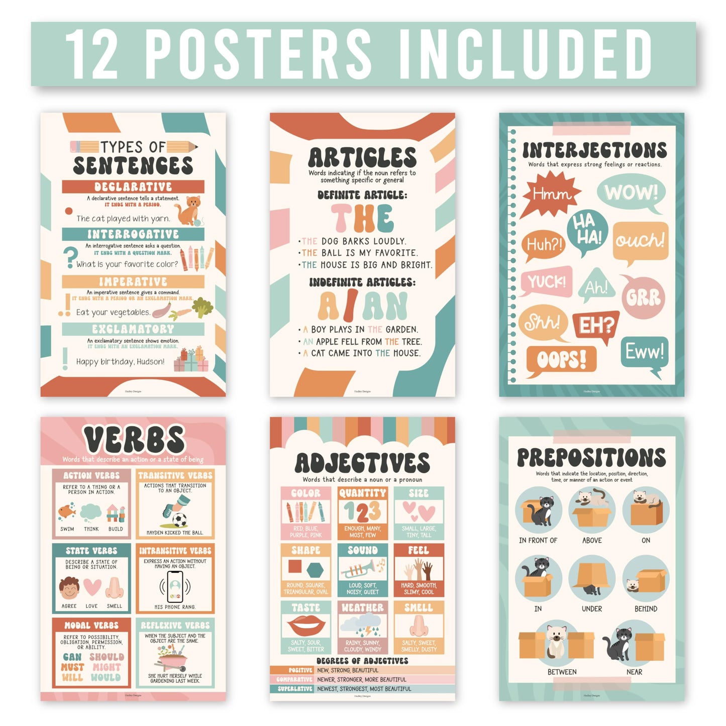 Parts of Speech Posters for Classroom Must Haves - 12 Grammar Posters, Writing Process for Homeschool, Elementary & Middle School, ELA 3rd 4th & 5th Grade Teacher Must Haves, Retro Classroom Decor