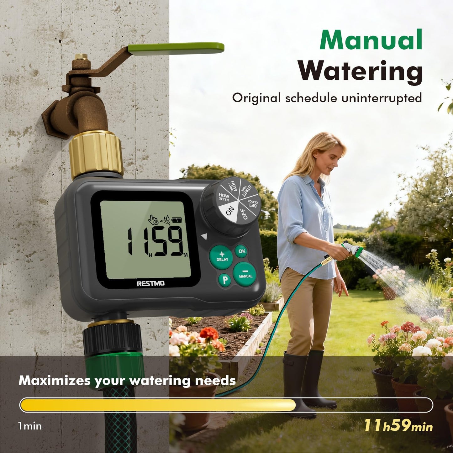RESTMO Remote Control Brass Sprinkler Timer for Outdoor Hose Faucet, Up to 11h59m Programmable Watering Timer for Soaker Hose, Misting with Large Dial, Rain Delay/Manual/Automatic Irrigation System